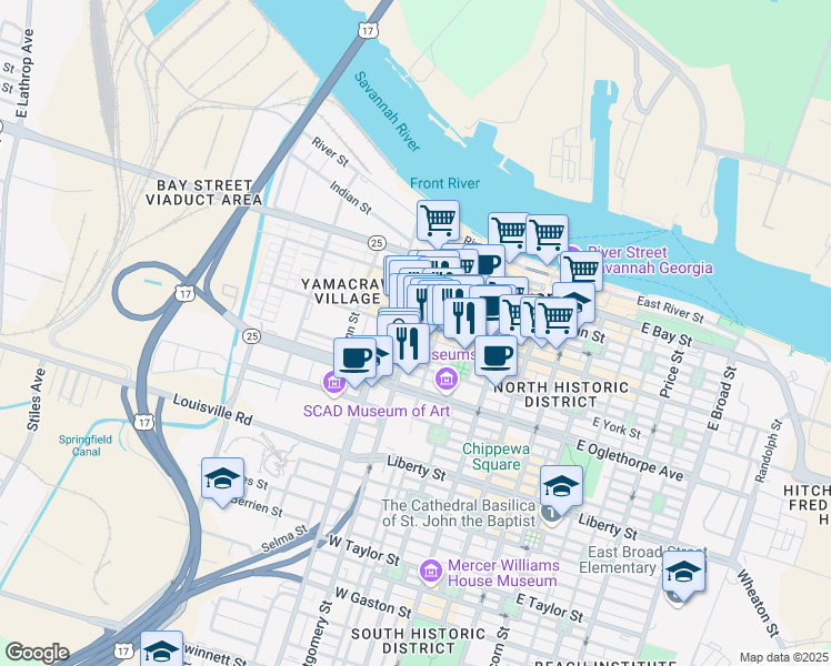 map of restaurants, bars, coffee shops, grocery stores, and more near 132 Montgomery Street in Savannah