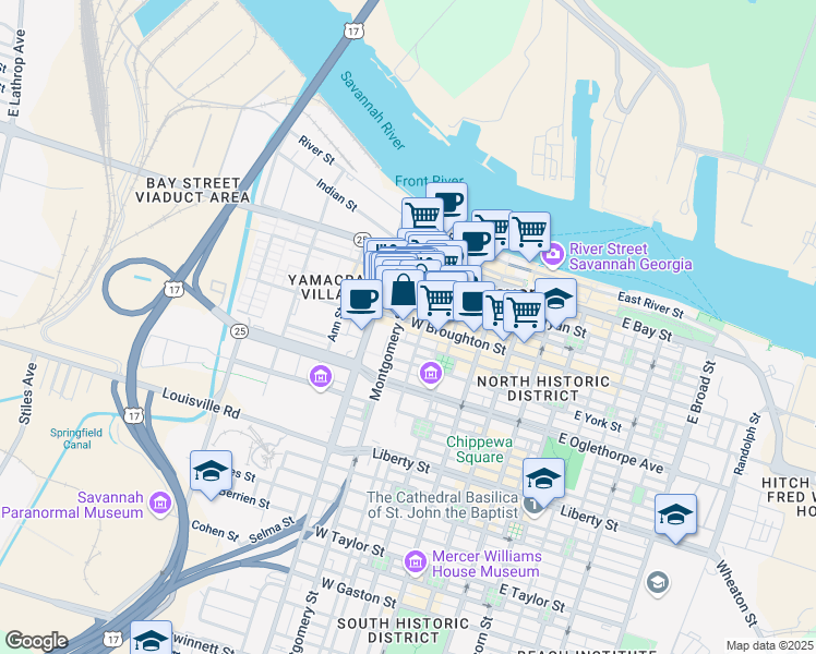 map of restaurants, bars, coffee shops, grocery stores, and more near 30 Montgomery Street in Savannah