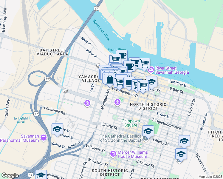 map of restaurants, bars, coffee shops, grocery stores, and more near 30 Montgomery Street in Savannah