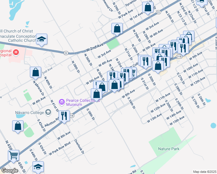 map of restaurants, bars, coffee shops, grocery stores, and more near 2612 West Collin Street in Corsicana