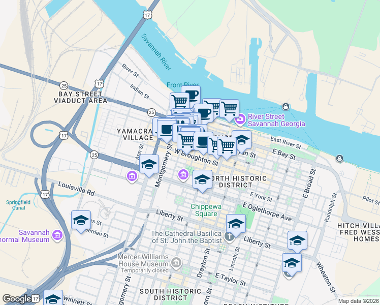 map of restaurants, bars, coffee shops, grocery stores, and more near 216 West Broughton Street in Savannah
