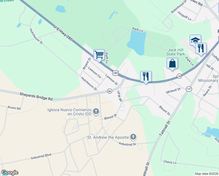 map of restaurants, bars, coffee shops, grocery stores, and more near 158 Shepards Bridge Road in Reidsville