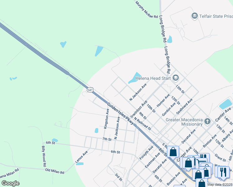 map of restaurants, bars, coffee shops, grocery stores, and more near 111 9th Street in McRae-Helena