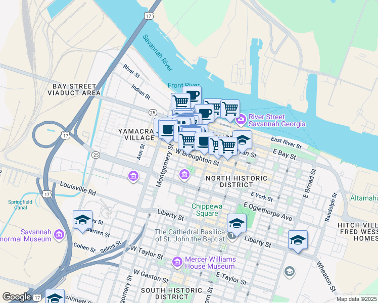 map of restaurants, bars, coffee shops, grocery stores, and more near 27 Barnard Street in Savannah