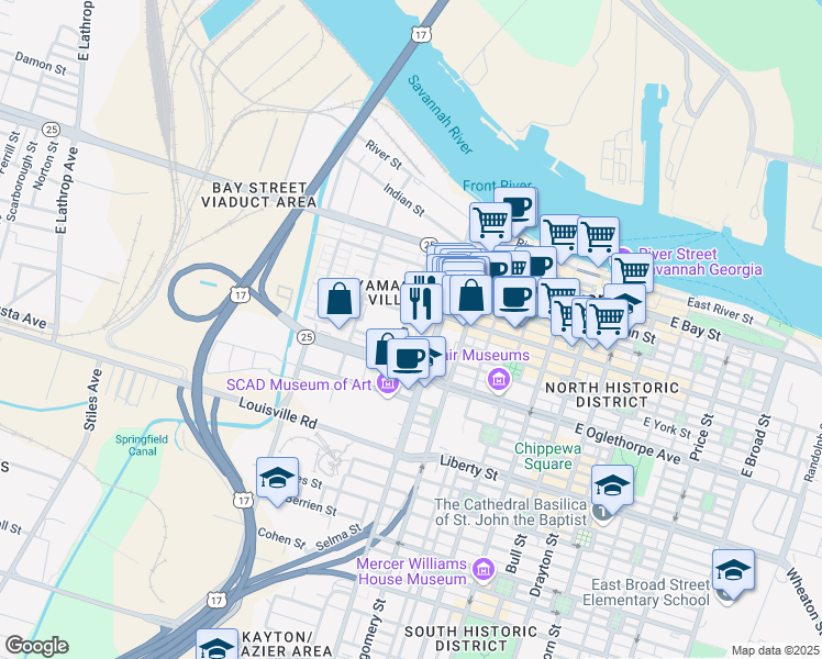 map of restaurants, bars, coffee shops, grocery stores, and more near in Savannah