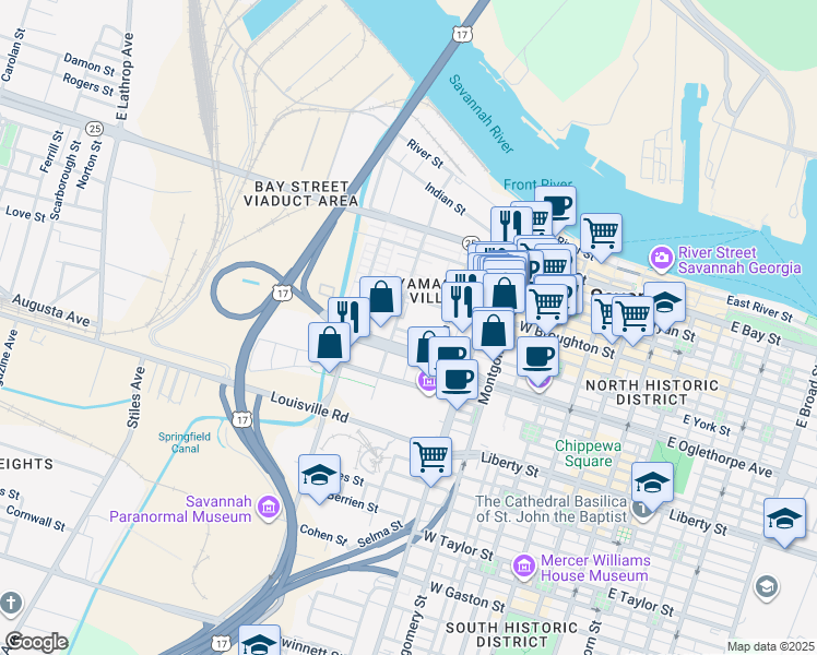 map of restaurants, bars, coffee shops, grocery stores, and more near in Savannah