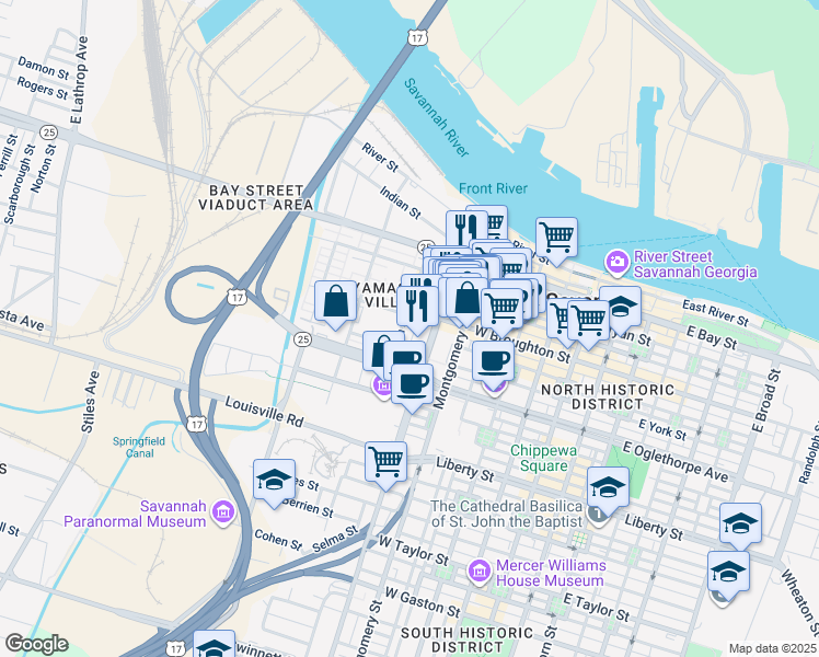 map of restaurants, bars, coffee shops, grocery stores, and more near in Savannah