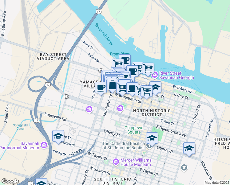 map of restaurants, bars, coffee shops, grocery stores, and more near 30 Montgomery Street in Savannah