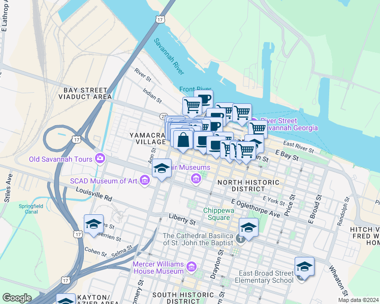 map of restaurants, bars, coffee shops, grocery stores, and more near 30 Montgomery Street in Savannah