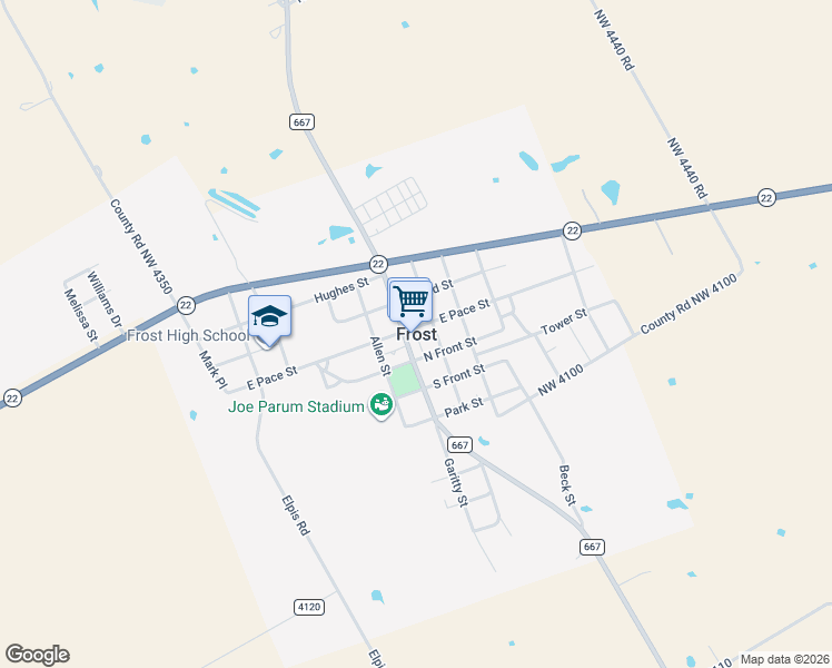 map of restaurants, bars, coffee shops, grocery stores, and more near in Frost