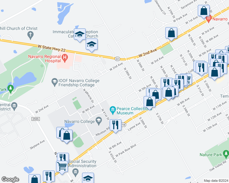map of restaurants, bars, coffee shops, grocery stores, and more near 3000 West 4th Avenue in Corsicana