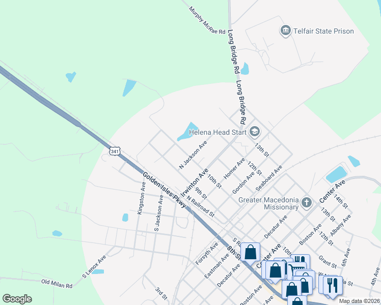 map of restaurants, bars, coffee shops, grocery stores, and more near 76 10th Street in McRae-Helena