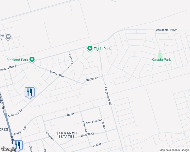 map of restaurants, bars, coffee shops, grocery stores, and more near Rattler Lane in Midland