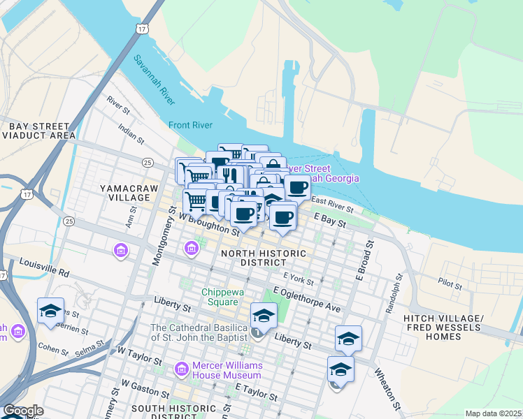 map of restaurants, bars, coffee shops, grocery stores, and more near in Savannah