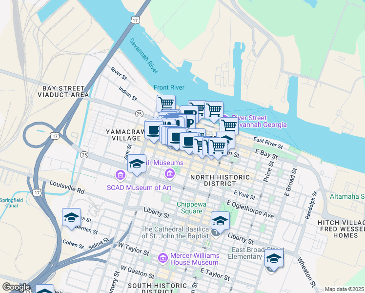 map of restaurants, bars, coffee shops, grocery stores, and more near 200 West Congress Street in Savannah