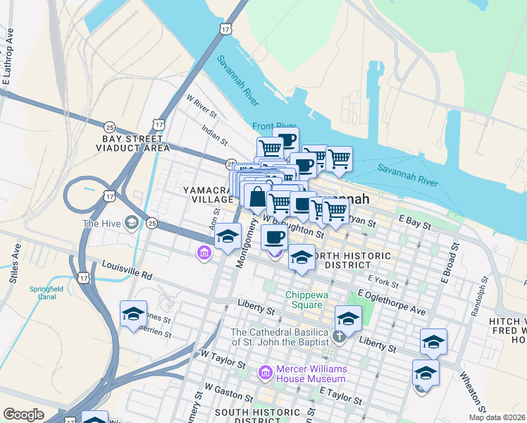 map of restaurants, bars, coffee shops, grocery stores, and more near 310 West Broughton Street in Savannah