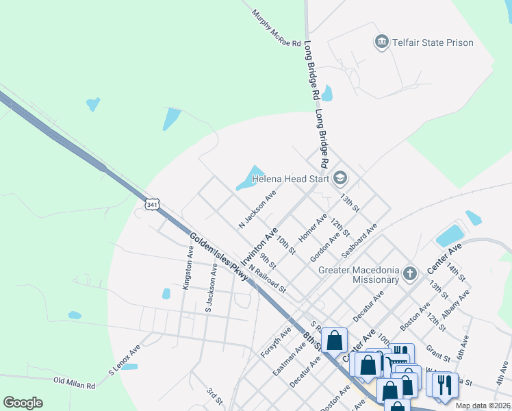 map of restaurants, bars, coffee shops, grocery stores, and more near 76 10th Street in McRae-Helena