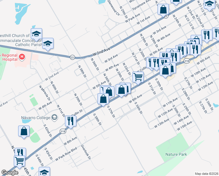 map of restaurants, bars, coffee shops, grocery stores, and more near 2612 West Collin Street in Corsicana