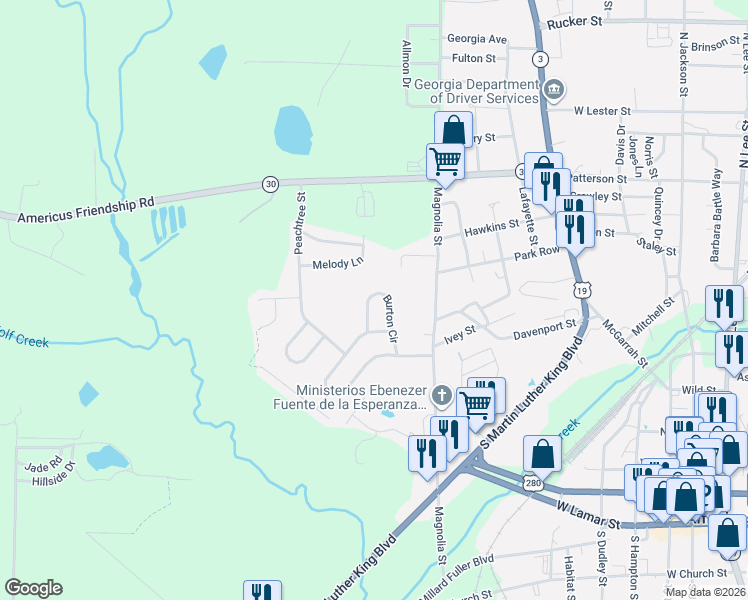map of restaurants, bars, coffee shops, grocery stores, and more near 224 Burton Circle in Americus