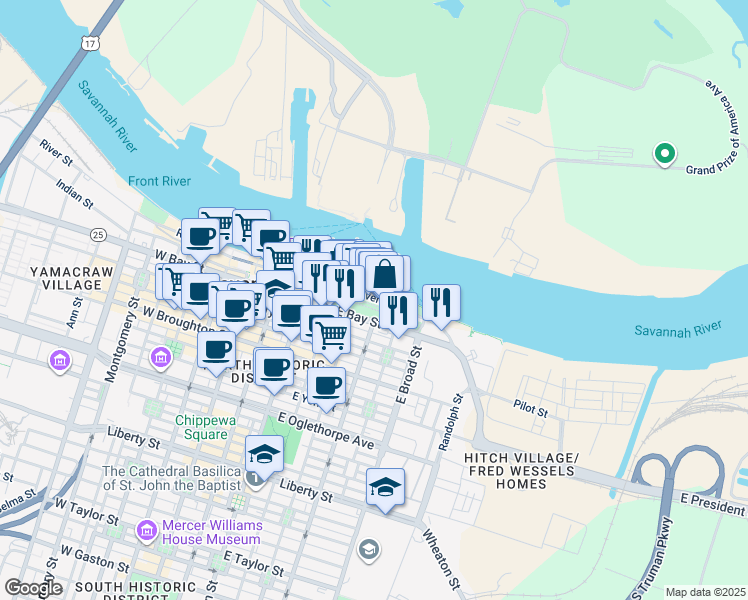 map of restaurants, bars, coffee shops, grocery stores, and more near 2 Peachtree Drive in Savannah