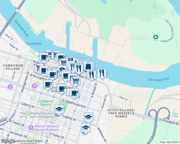 map of restaurants, bars, coffee shops, grocery stores, and more near 504 East River Street in Savannah