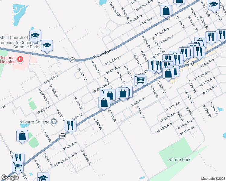 map of restaurants, bars, coffee shops, grocery stores, and more near 2612 West Collin Street in Corsicana