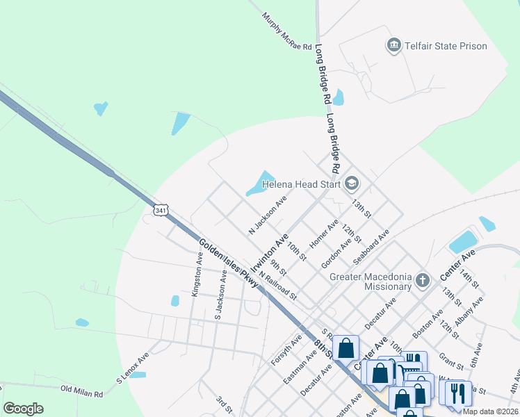 map of restaurants, bars, coffee shops, grocery stores, and more near 76 10th Street in McRae-Helena