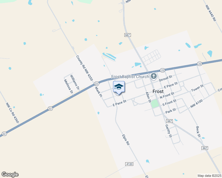 map of restaurants, bars, coffee shops, grocery stores, and more near 208 Wyrick Street in Frost