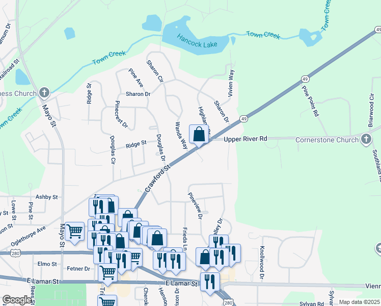 map of restaurants, bars, coffee shops, grocery stores, and more near 1517 Crawford Street in Americus