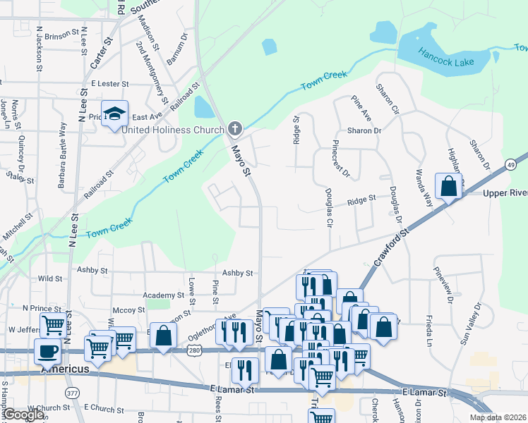 map of restaurants, bars, coffee shops, grocery stores, and more near 513 Mayo Street in Americus