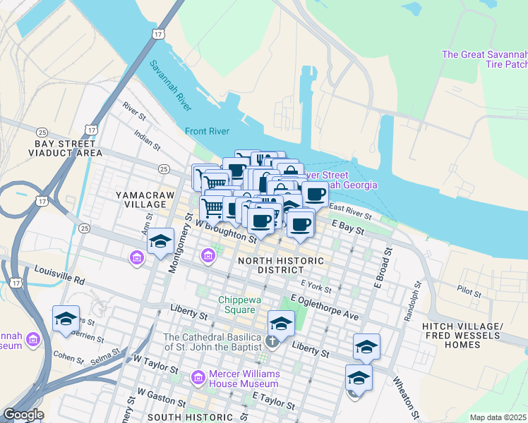 map of restaurants, bars, coffee shops, grocery stores, and more near 15 Bull Street in Savannah