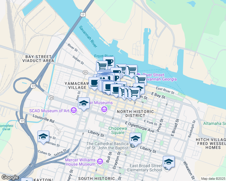map of restaurants, bars, coffee shops, grocery stores, and more near 200 West Congress Street in Savannah