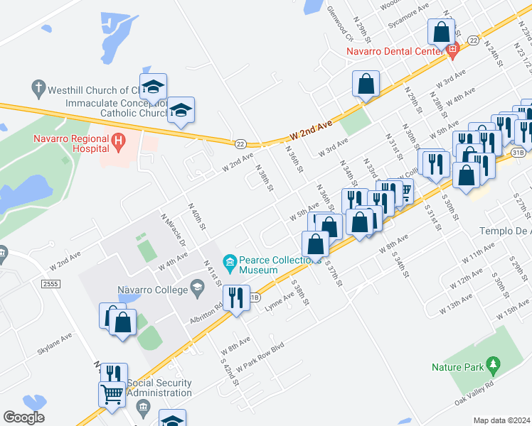 map of restaurants, bars, coffee shops, grocery stores, and more near 2913 West 4th Avenue in Corsicana