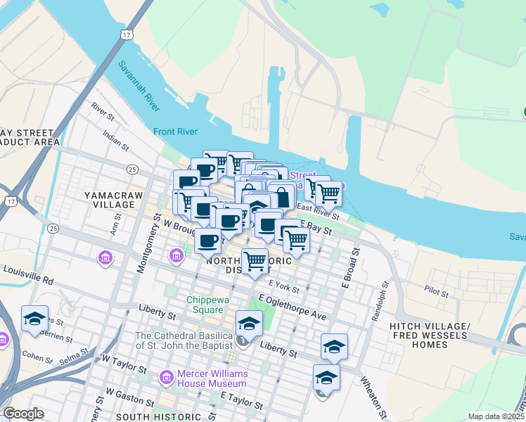 map of restaurants, bars, coffee shops, grocery stores, and more near 120 East Bay Street in Savannah