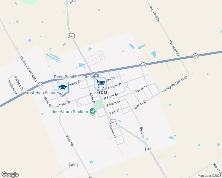 map of restaurants, bars, coffee shops, grocery stores, and more near 212 East Pace Street in Frost