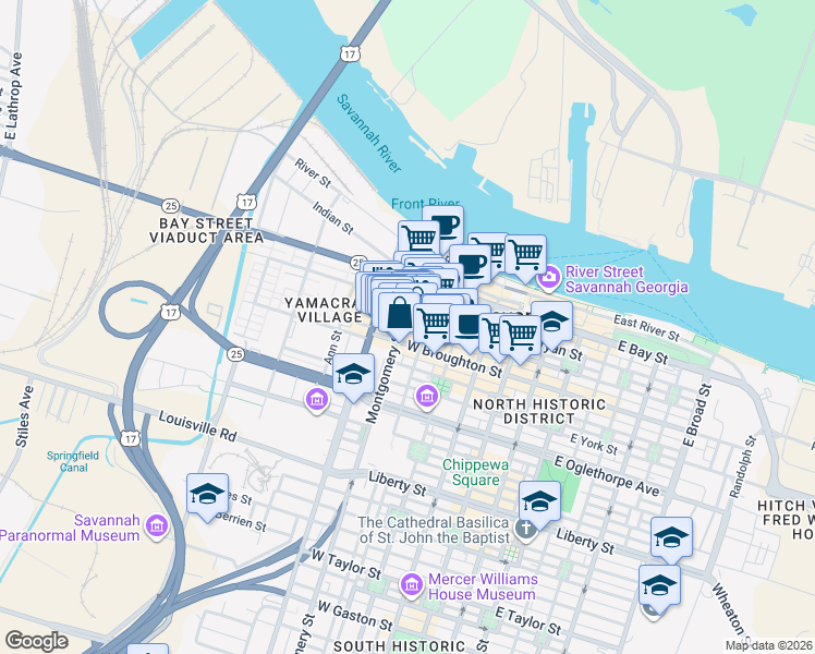 map of restaurants, bars, coffee shops, grocery stores, and more near 30 Montgomery Street in Savannah