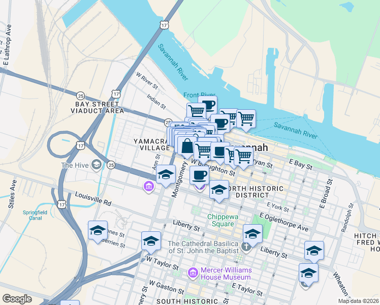 map of restaurants, bars, coffee shops, grocery stores, and more near 30 Montgomery Street in Savannah