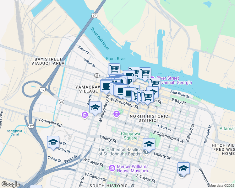 map of restaurants, bars, coffee shops, grocery stores, and more near 220 West Congress Street in Savannah