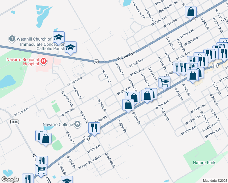 map of restaurants, bars, coffee shops, grocery stores, and more near 213 North 38th Street in Corsicana