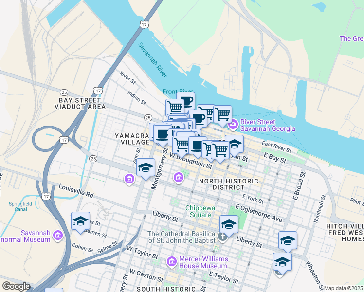 map of restaurants, bars, coffee shops, grocery stores, and more near 27 Barnard Street in Savannah