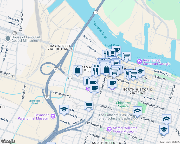 map of restaurants, bars, coffee shops, grocery stores, and more near in Savannah