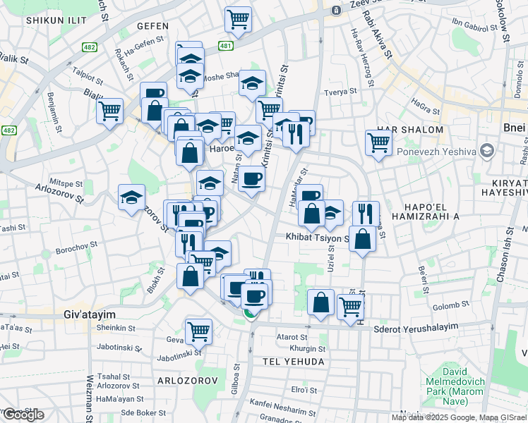 map of restaurants, bars, coffee shops, grocery stores, and more near 7 Herzl Street in Ramat Gan