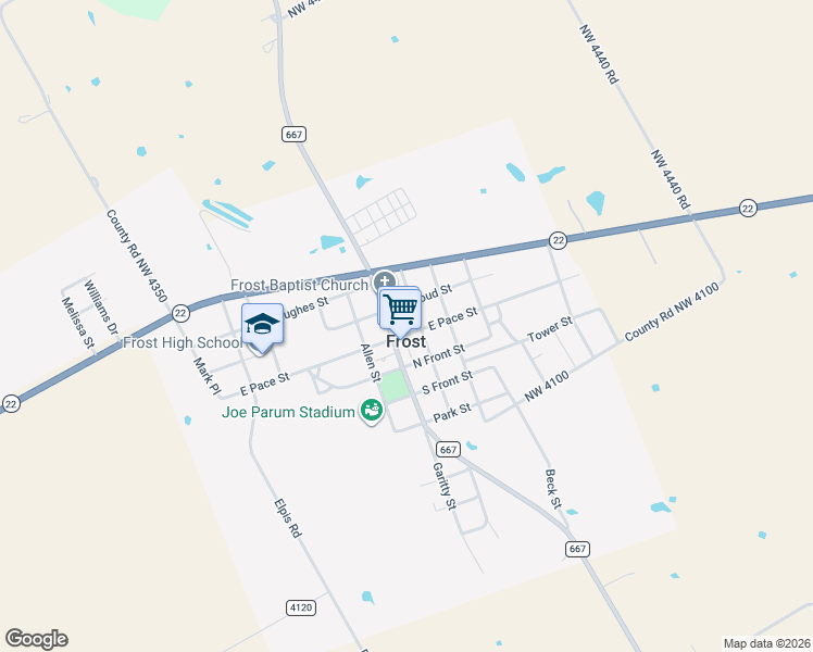 map of restaurants, bars, coffee shops, grocery stores, and more near in Frost