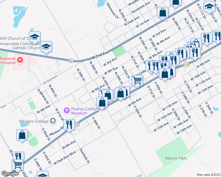 map of restaurants, bars, coffee shops, grocery stores, and more near 2612 West Collin Street in Corsicana
