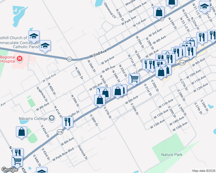 map of restaurants, bars, coffee shops, grocery stores, and more near 2612 West Collin Street in Corsicana