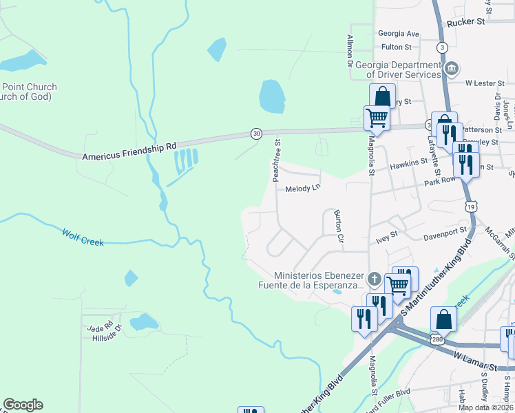 map of restaurants, bars, coffee shops, grocery stores, and more near 201 Bayhill Drive in Americus