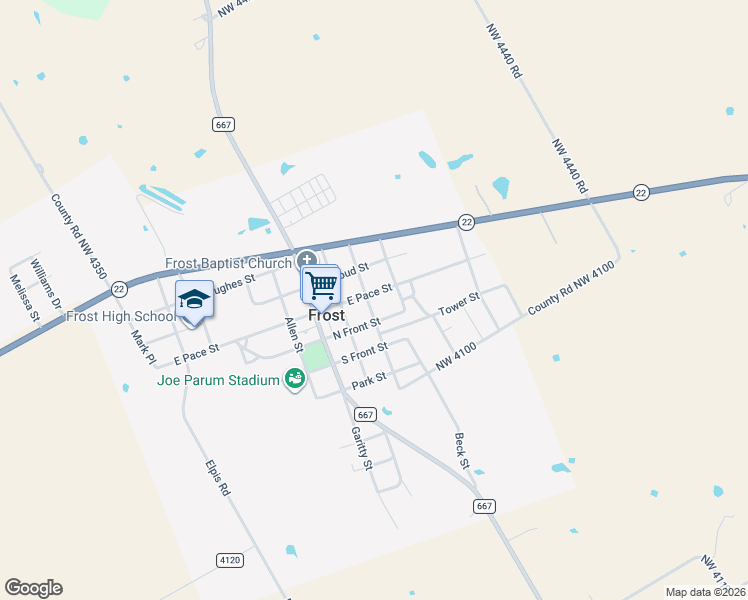 map of restaurants, bars, coffee shops, grocery stores, and more near 313 North Front Street in Frost