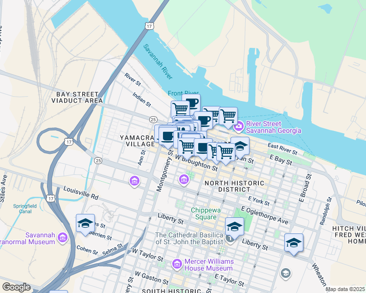 map of restaurants, bars, coffee shops, grocery stores, and more near 27 Barnard Street in Savannah