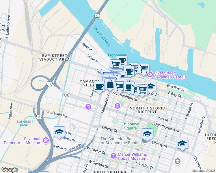 map of restaurants, bars, coffee shops, grocery stores, and more near 30 Montgomery Street in Savannah