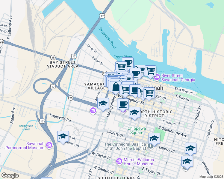 map of restaurants, bars, coffee shops, grocery stores, and more near 30 Montgomery Street in Savannah